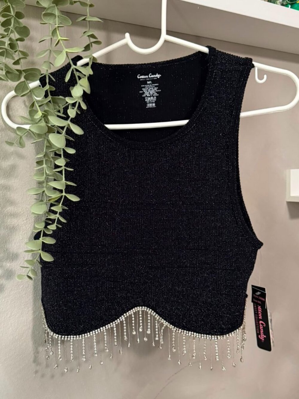 Cotton Candy LA Black Rhinestone Fringe Crop Top M-L